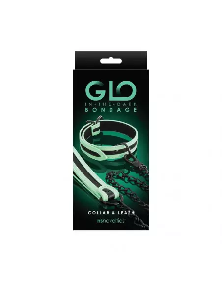 GLO Bondage - Collar and Leash - Green Nyakörv Pórázzal Nyakörv és póráz NS Toys