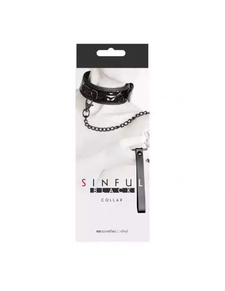 Sinful Collar Black Nyakörv Pórázzal Nyakörv és póráz NS Toys